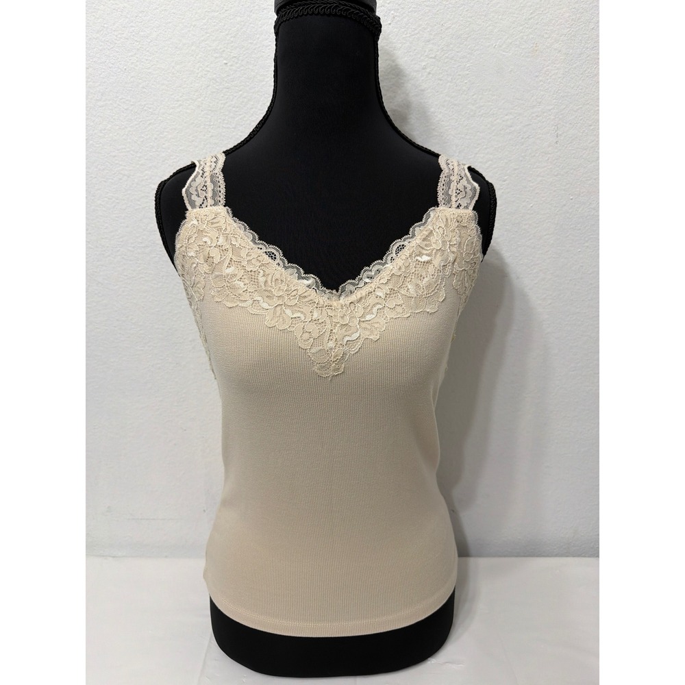 Maison d'Amélie Paris Lace Trim Ribbed Camisole Tank Top Beige Small NWT